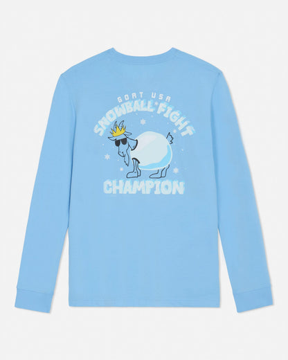 Light blue long-sleeve shirt with snowman graphic and text on a light gray background