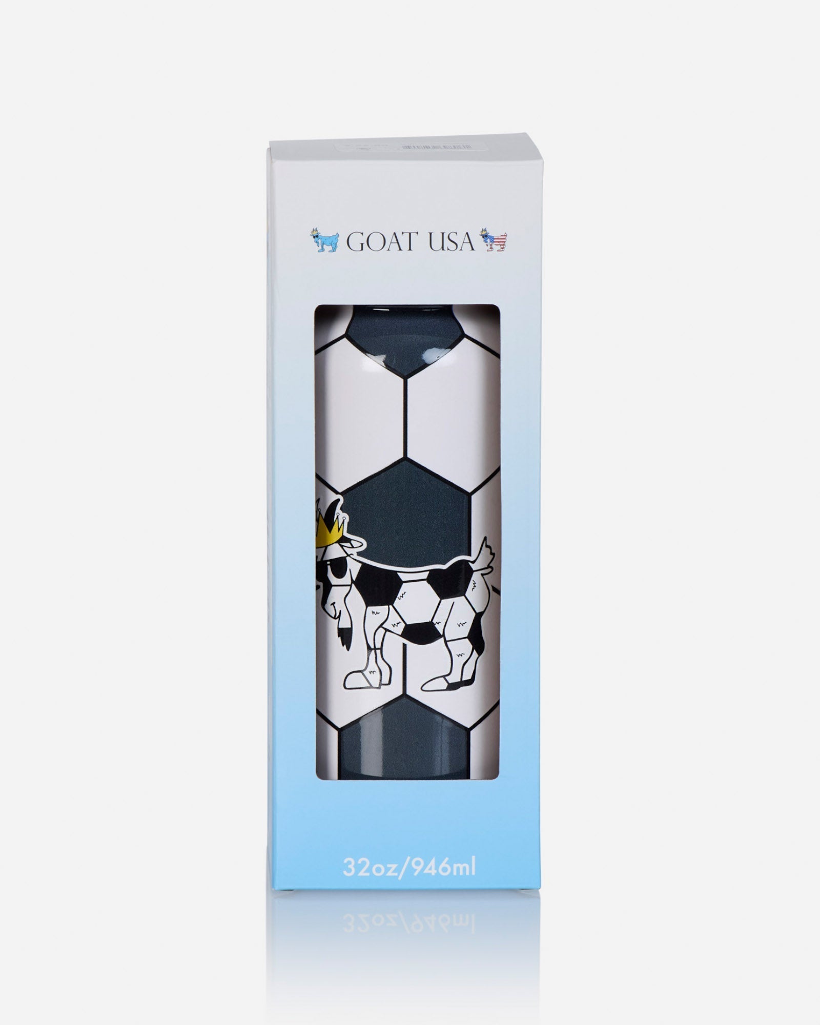 Soccer ball pattern water bottle in blue and white box