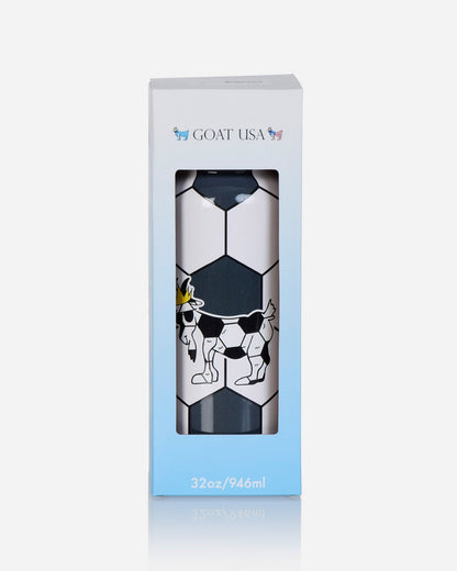 Soccer ball pattern water bottle in blue and white box