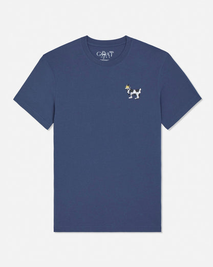 Blue t-shirt with a small goat graphic on a light gray background