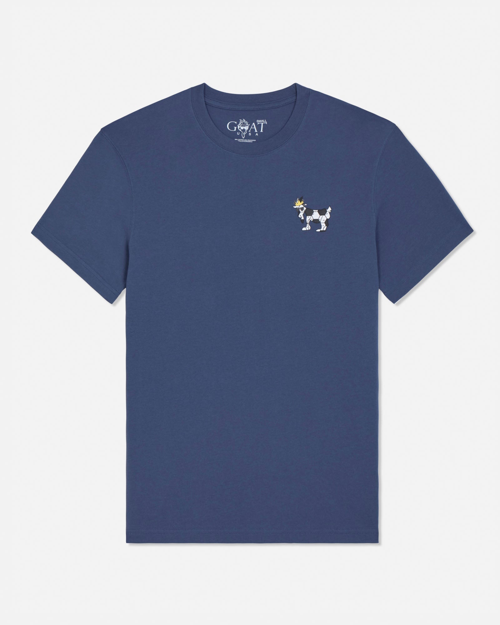 Blue t-shirt with a small goat graphic on a light gray background