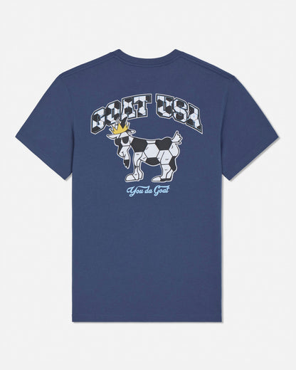 Navy blue t-shirt with a soccer ball goat graphic and text on a white background