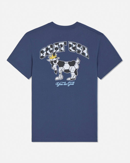 Navy blue t-shirt with a soccer ball goat graphic and text on a white background