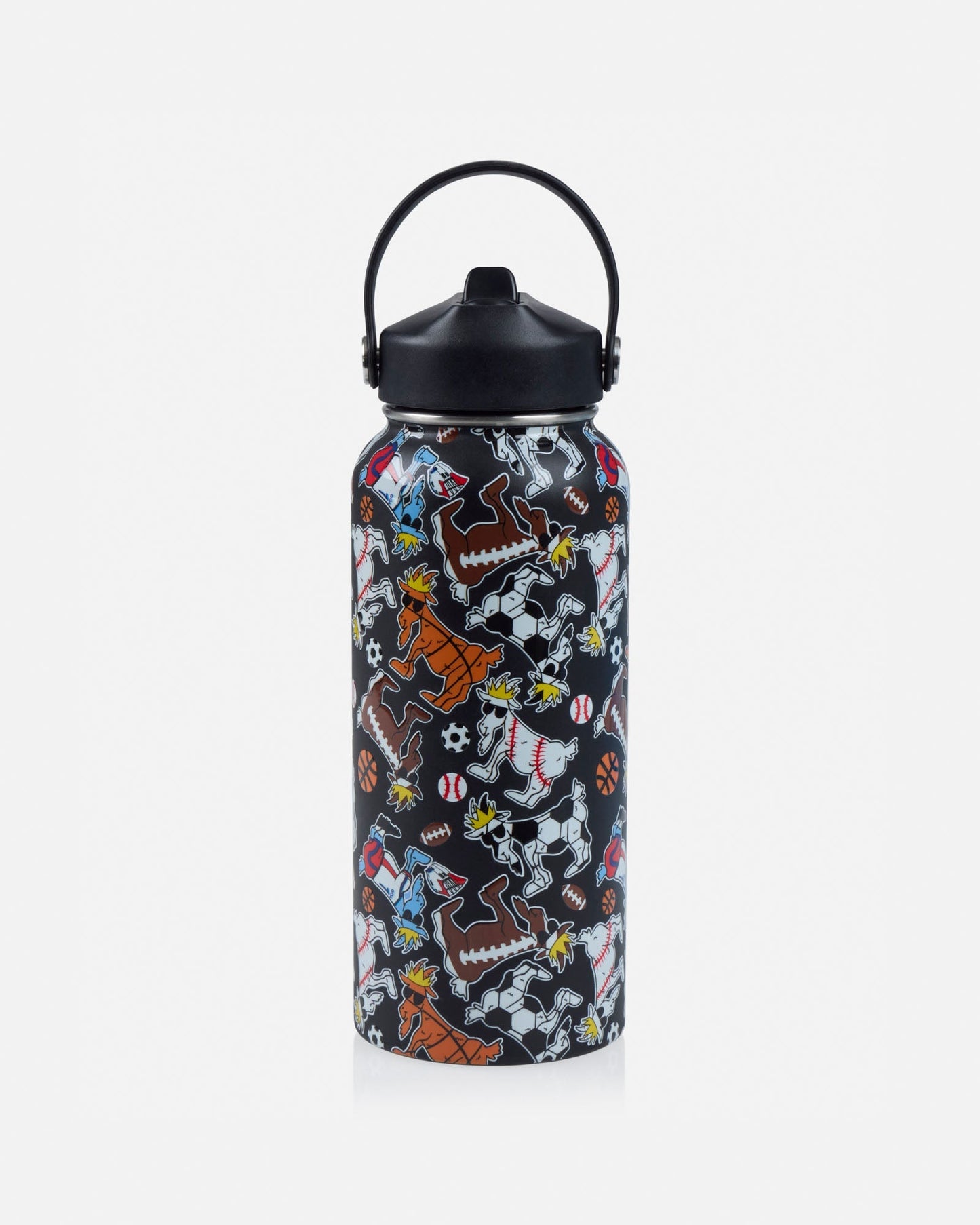 Water bottle with sports-themed design on a white background