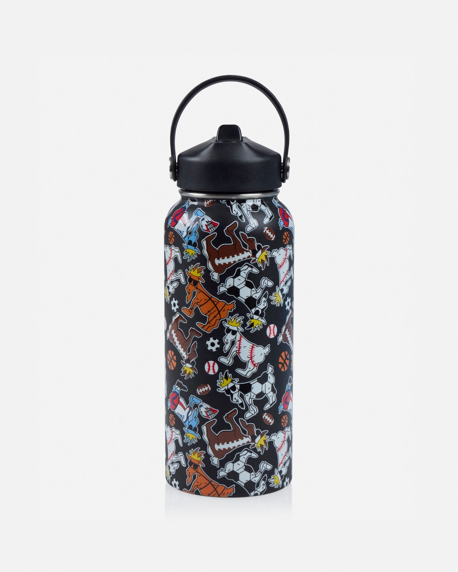 Water bottle with sports-themed design on a white background