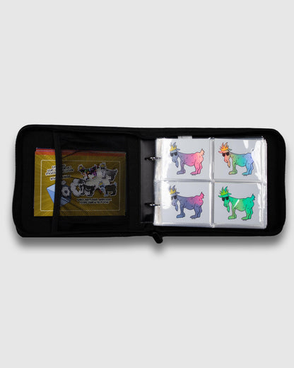 Inside of binder with stickers and flyers