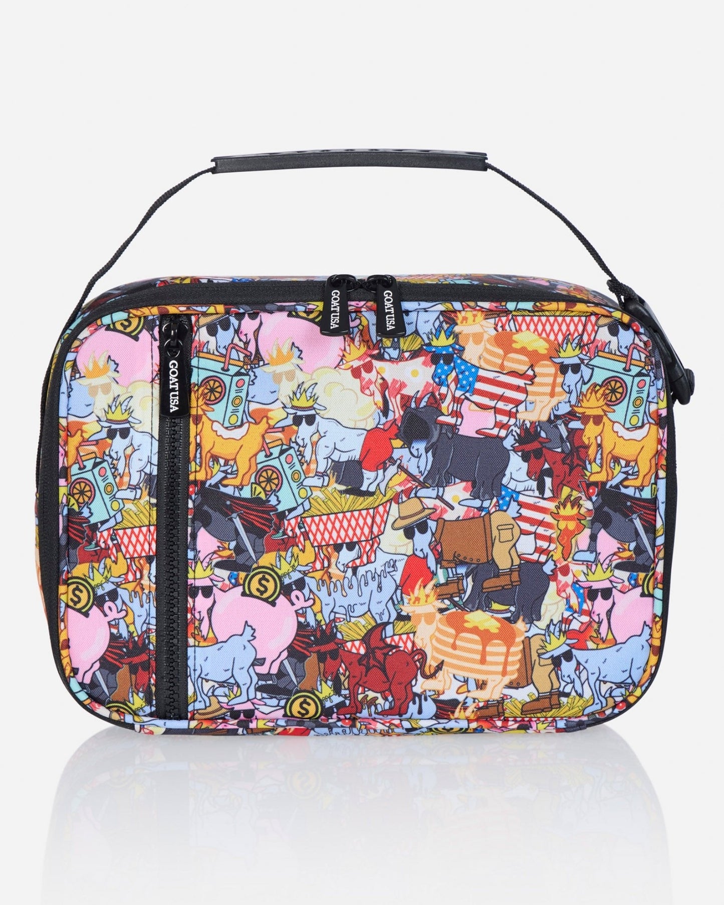 Front of lunchbox with various goat designs
