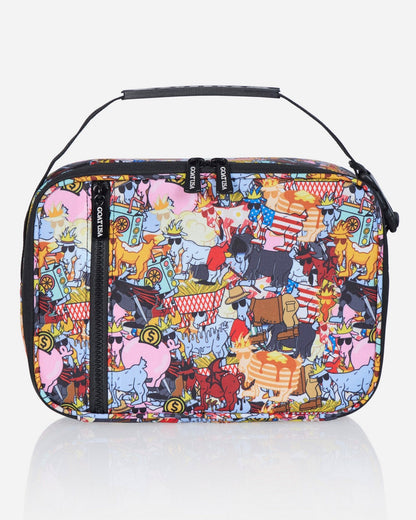 Front of lunchbox with various goat designs