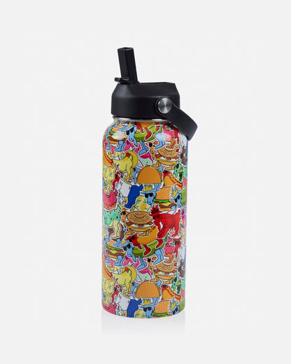 Colorful water bottle with a pattern on a white background