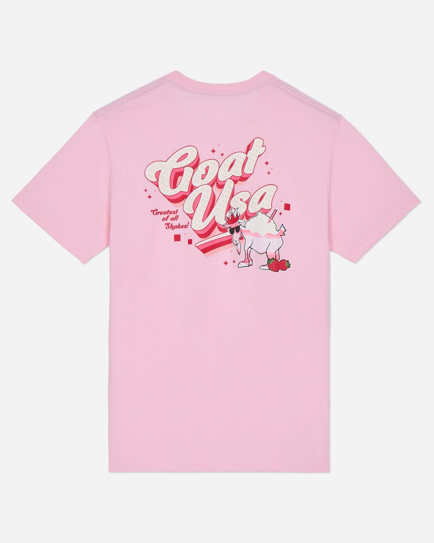 Pink t-shirt with graphic design and text on a light gray background