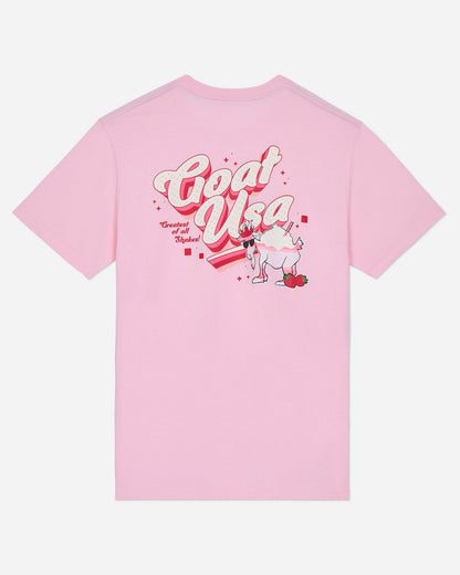 Pink t-shirt with graphic design and text on a light gray background