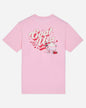 Pink t-shirt with graphic design and text on a light gray background