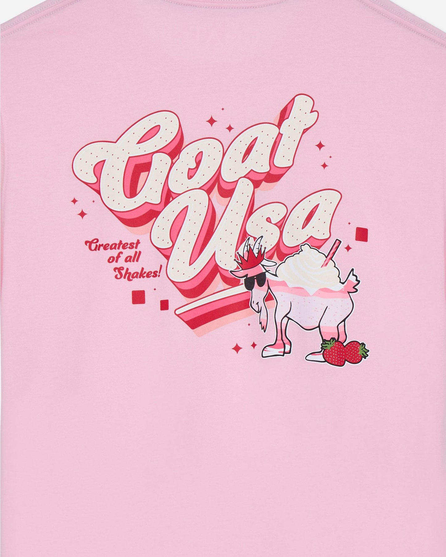 Pink t-shirt with cartoon goat graphic and text