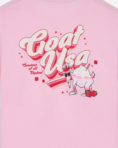 Pink t-shirt with cartoon goat graphic and text