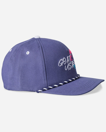 Angled view of navy snapback hat