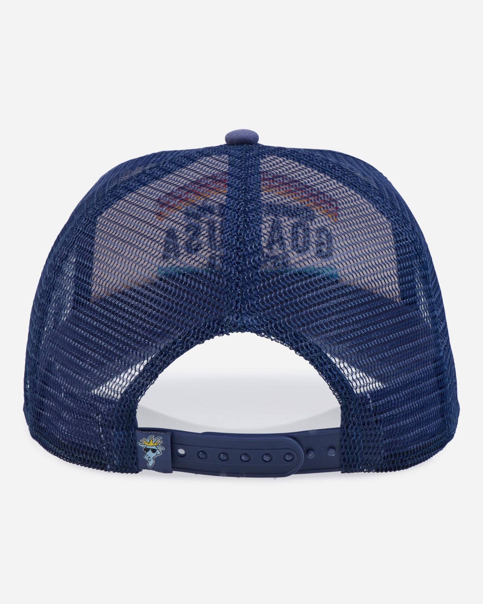 Navy blue mesh cap with white back on a light gray background