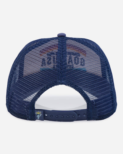 Navy blue mesh cap with white back on a light gray background