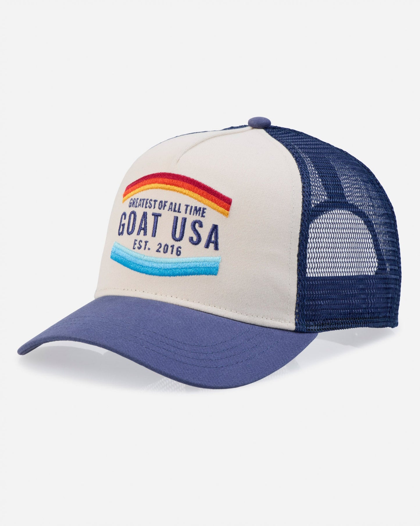 Trucker hat with 'Greatest of All Time GOAT USA EST. 2016' text on a white background