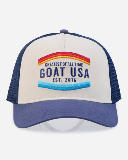 Trucker hat with 'Greatest of All Time Goat USA' text on a white background