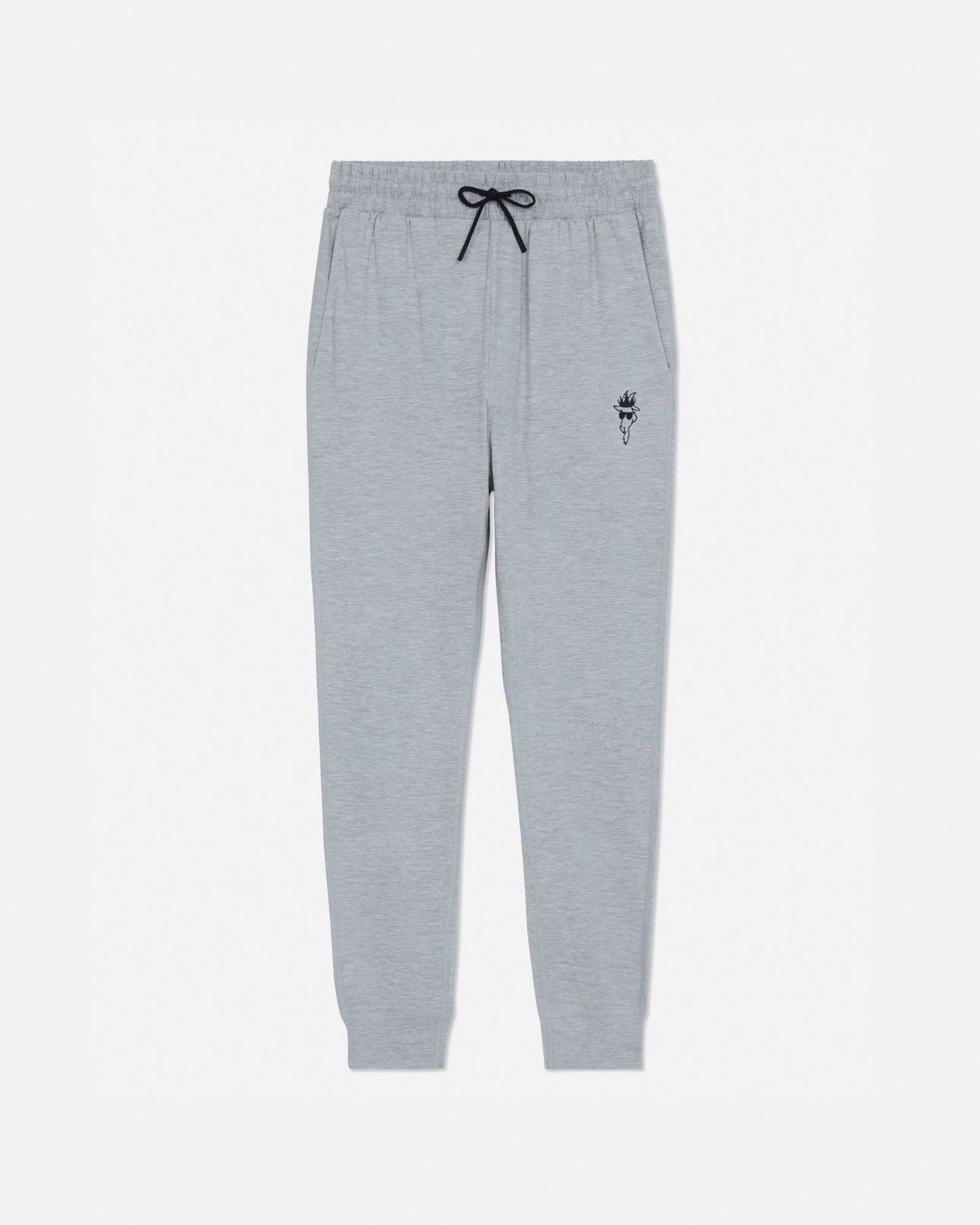 Gray sweatpants with a small black logo on a white background#color_space-dye-gray
