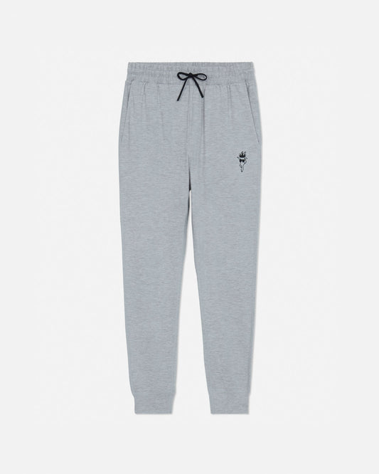 Gray sweatpants with a small black logo on a white background#color_space-dye-gray