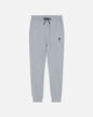 Gray sweatpants with a small black logo on a white background#color_space-dye-gray