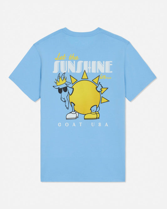 Light blue t-shirt with a cartoon goat and 'Sunshine' text on a light gray background