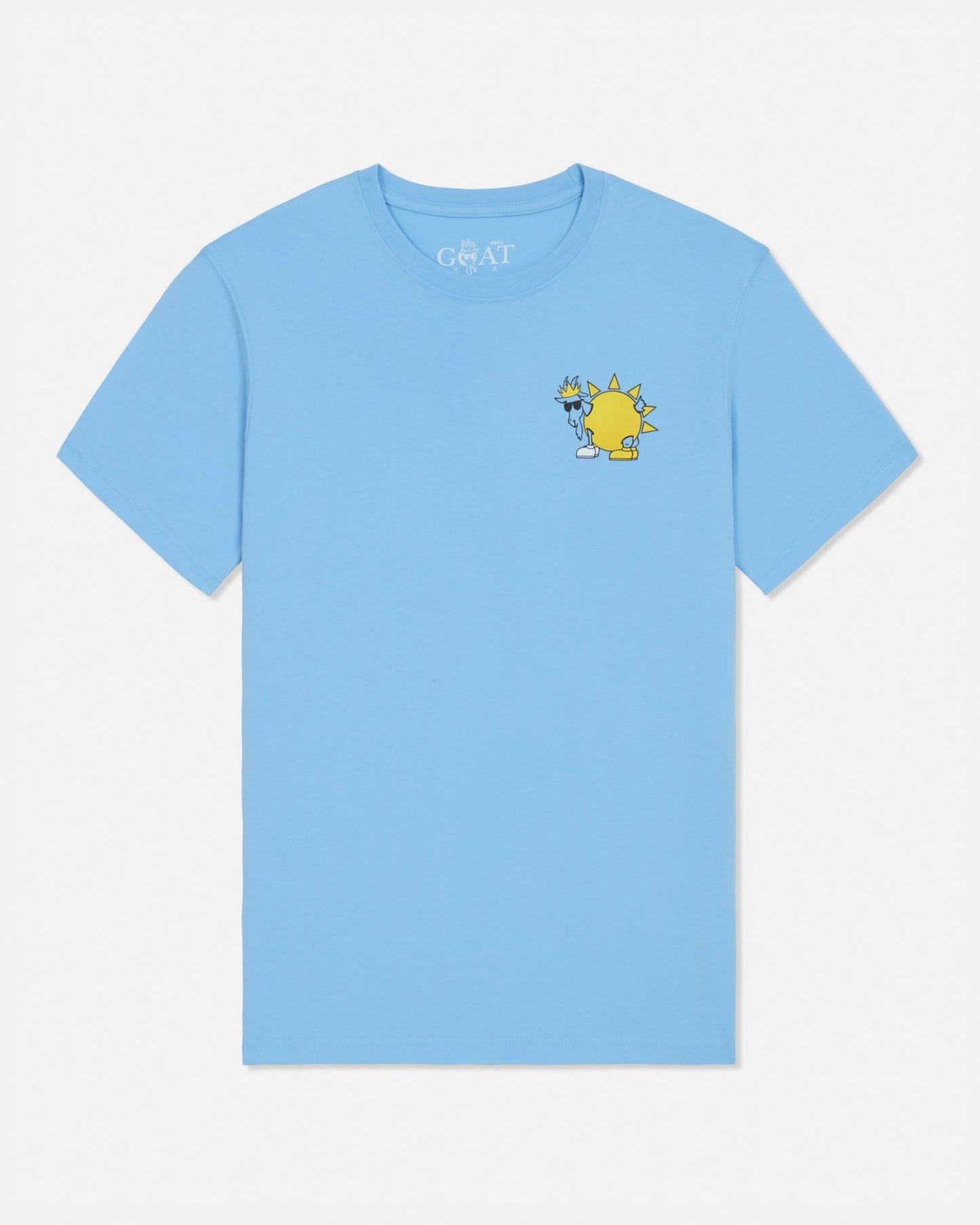 Light blue t-shirt with a small graphic on the chest against a light gray background