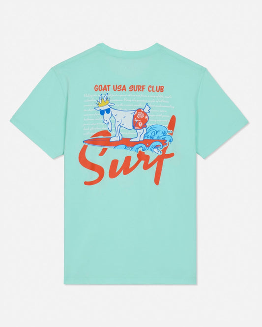 Mint t-shirt with a colorful graphic and text on a light gray background