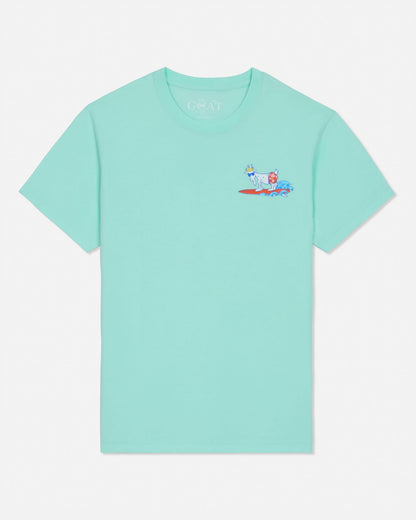 Mint t-shirt with a small graphic on a light gray background