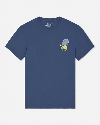 Navy blue t-shirt with a small graphic on a white background