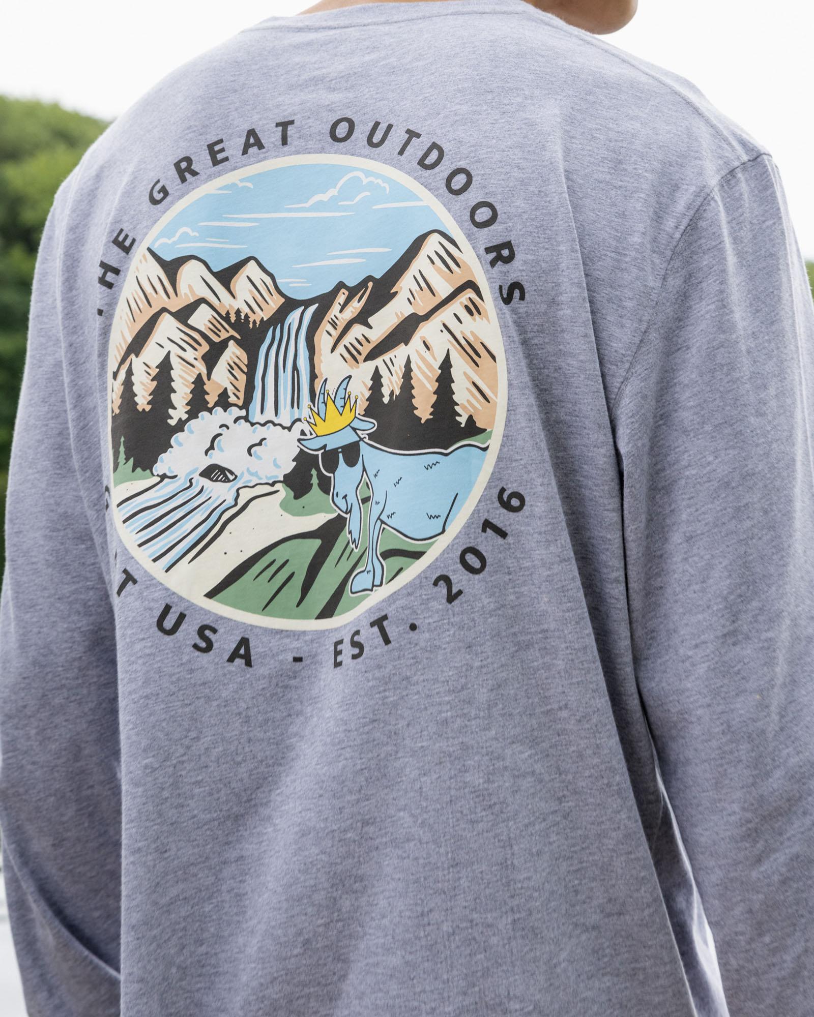 Gray long-sleeve shirt with a nature-themed graphic on the back