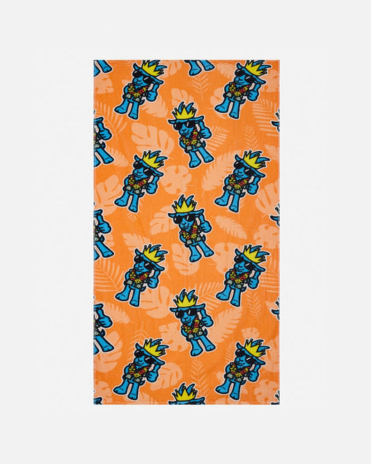 Patterned fabric with blue cartoon characters on an orange background