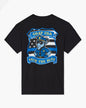 A black short-sleeve t-shirt shown from the back, featuring a large graphic print of a cartoon goat in a police uniform with the text 'GOAT USA BACK THE BLUE' on a light gray background.