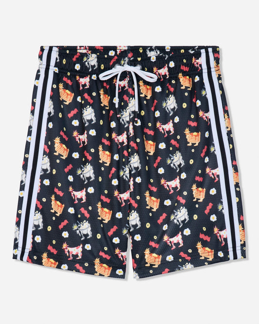 Black shorts with a colorful cartoon animal print, featuring white side stripes and a white drawstring.