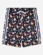 Black shorts with a colorful cartoon animal print, featuring white side stripes and a white drawstring.