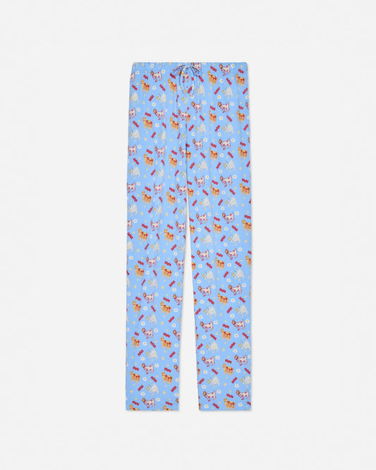 Front of carolina blue pajama pants with breakfast designs