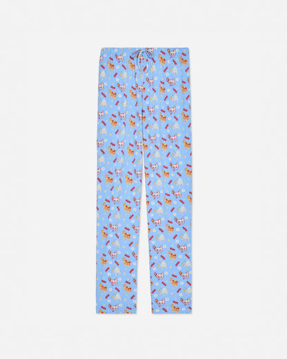 Front of carolina blue pajama pants with breakfast designs