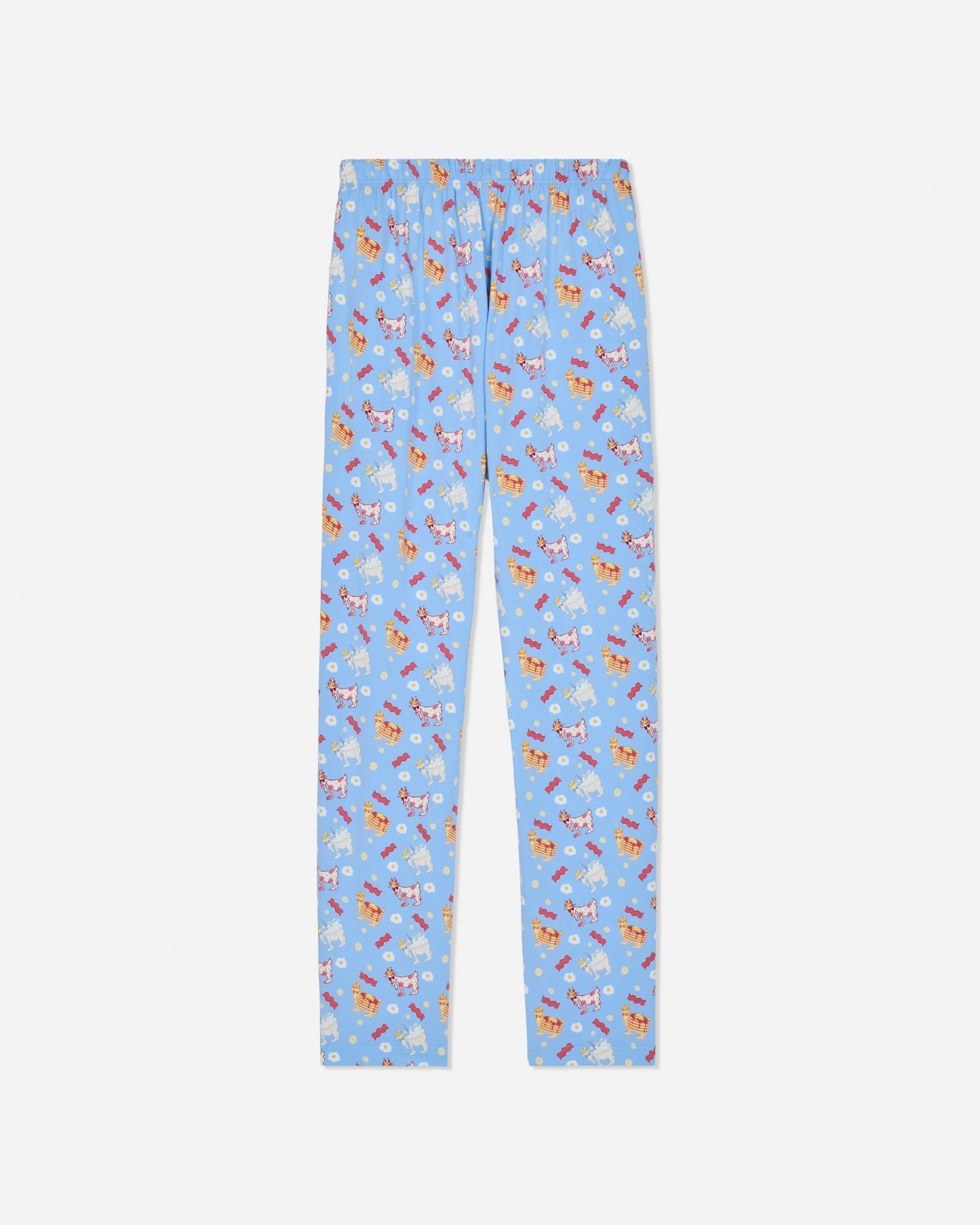 Back of carolina blue pajama pants with breakfast designs