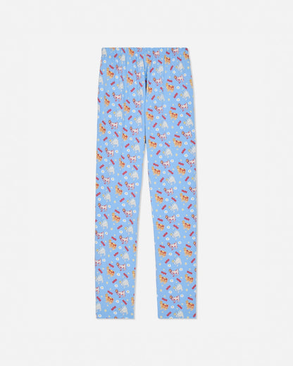 Back of carolina blue pajama pants with breakfast designs
