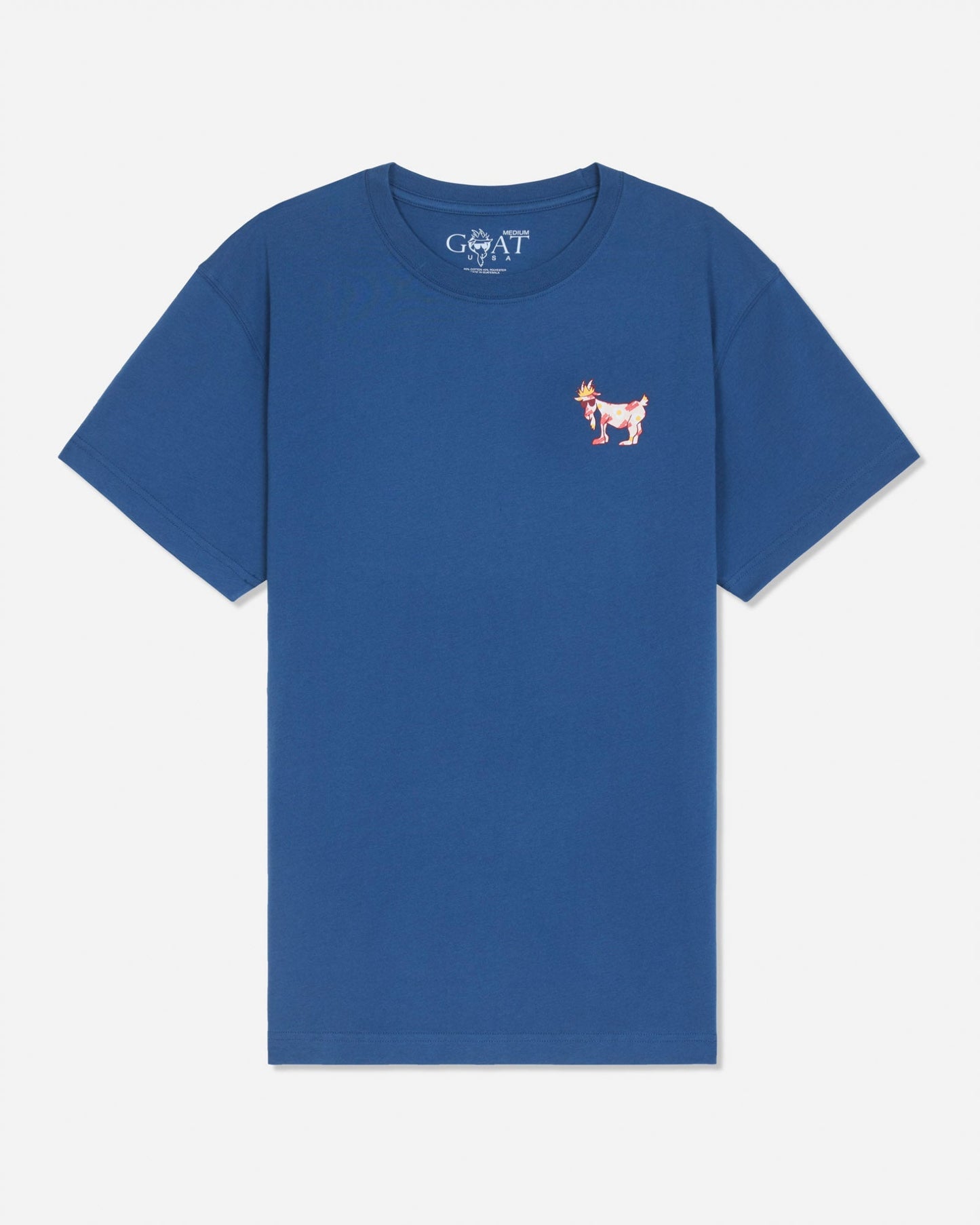 Front of blue t-shirt with bacon and eggs left-chest graphic