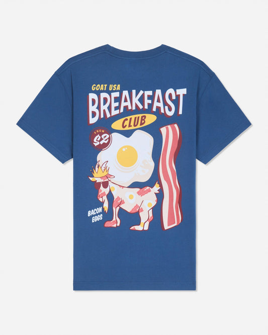 Back of blue t-shirt with bacon and eggs goat design with text that reads 'GOAT USA BREAKFAST CLUB'
