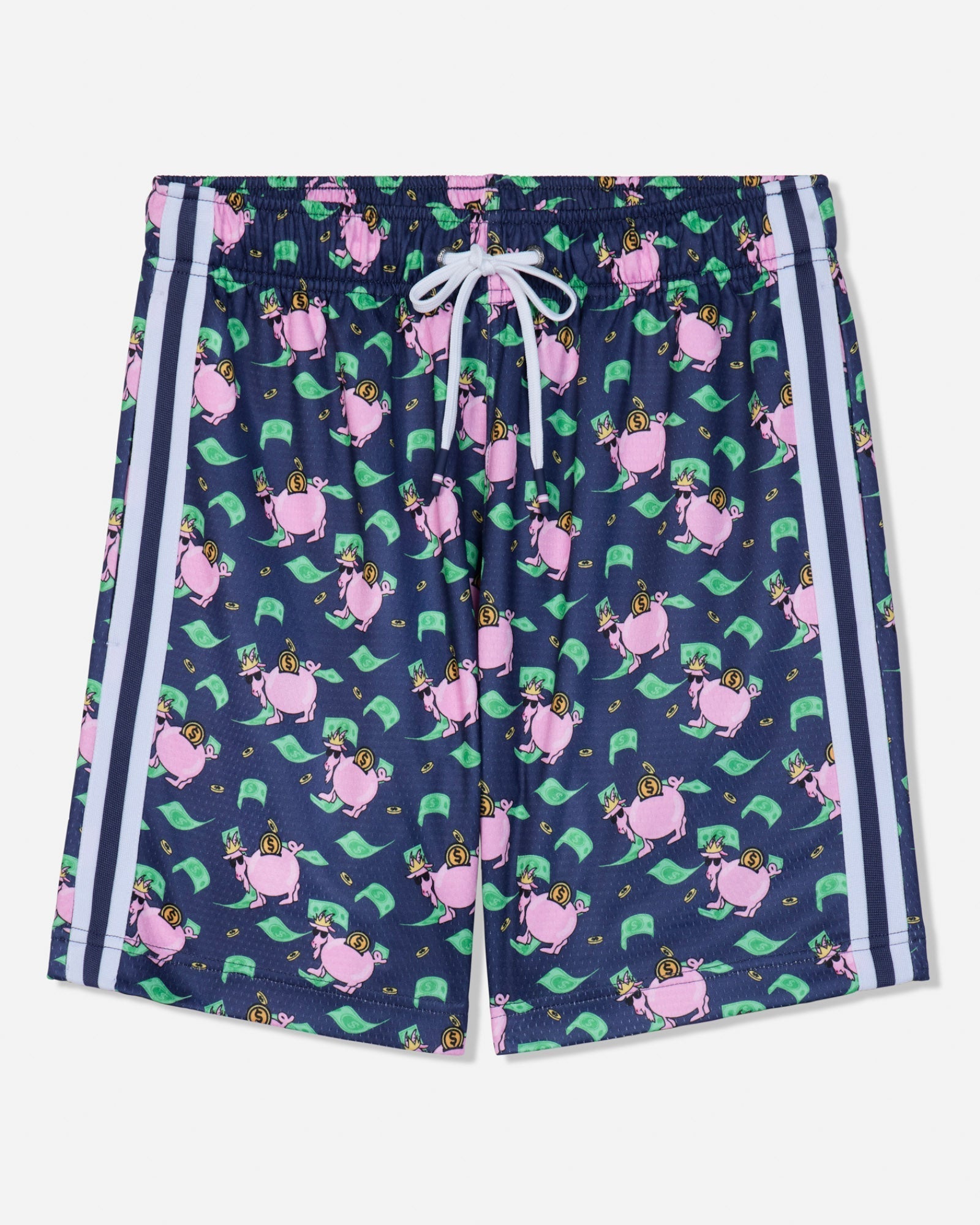 Navy mesh shorts with money and piggy bank design