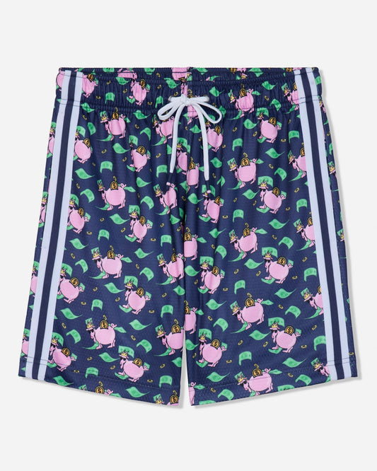 Navy mesh shorts with money and piggy bank design