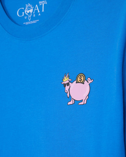 Close-up of royal blue t-shirt with goat piggy bank left-chest graphic