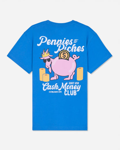 Back of royal blue t-shirt with goat piggy bank graphic and 'Pennies to Riches GOAT USA Cash Money Club' text