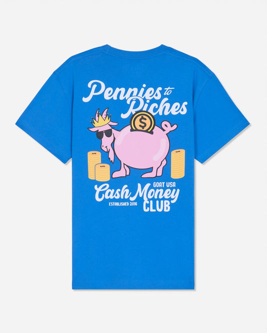 Back of royal blue t-shirt with goat piggy bank graphic and 'Pennies to Riches GOAT USA Cash Money Club' text
