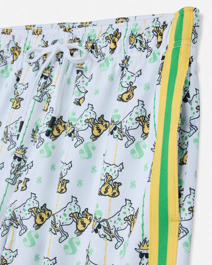Pants with cartoon goat pattern and colorful stripes on a white background