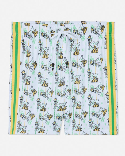 Shorts with a goat pattern and yellow and green stripes on a white background