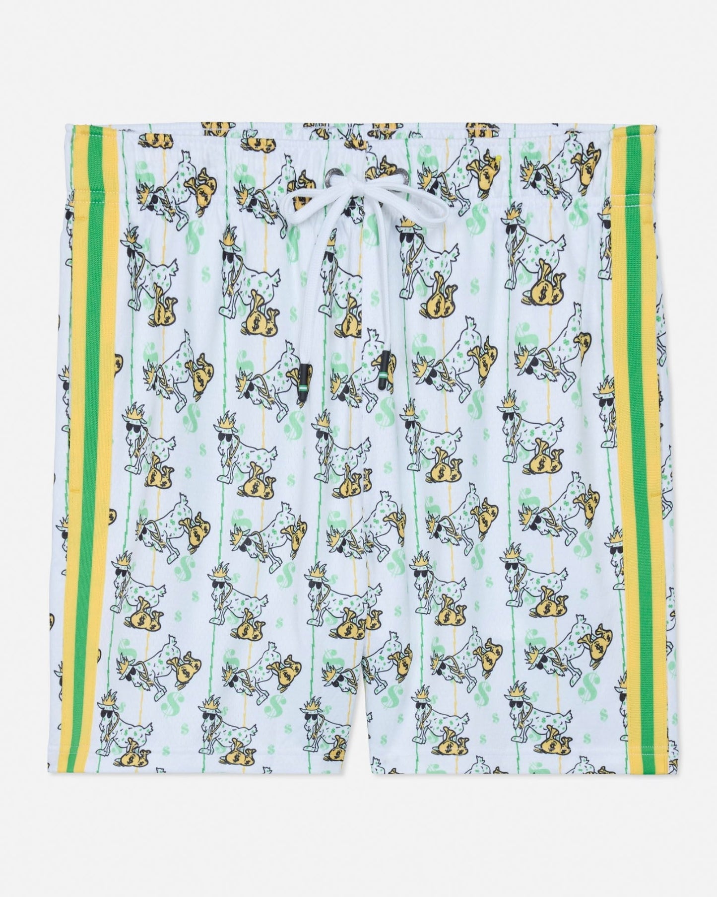 Shorts with a goat pattern and yellow and green stripes on a white background